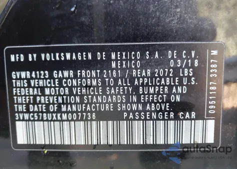 2019 Volkswagen Jetta 1.4T R-Line/1.4T S/1.4T Se z USA, uszkodzony, nr VIN 3VWC57BUXKM007736